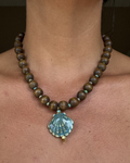Vintage Wooden Bead Necklace - Blue Shell