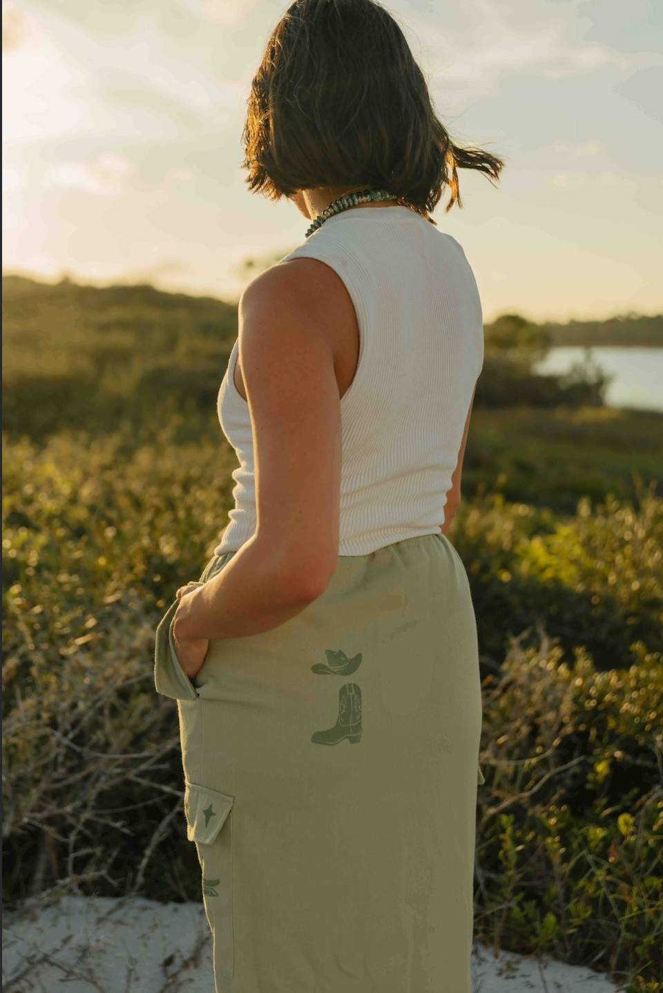 block printed green maxi skirt