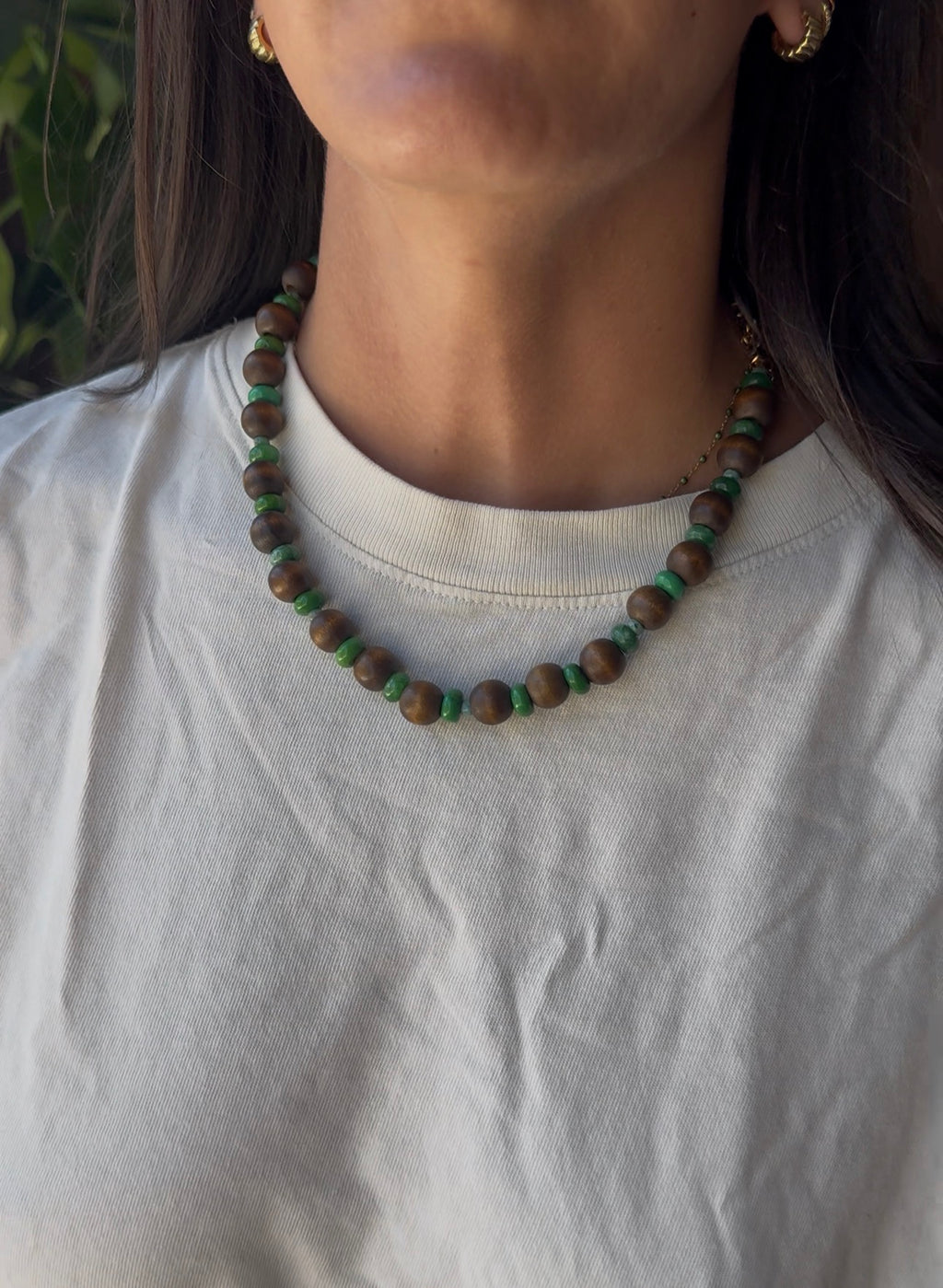 Vintage Wooden Bead Necklace - Green and Turquoise