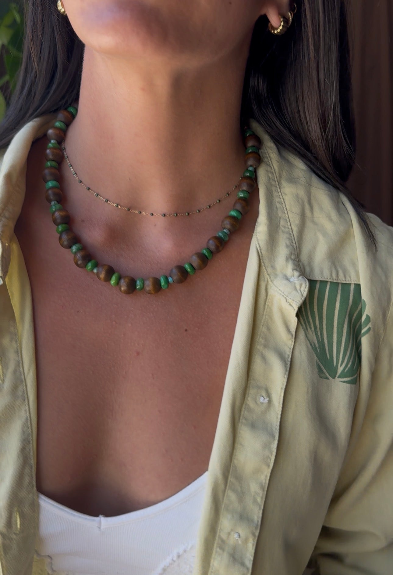 Vintage Wooden Bead Necklace - Green and Turquoise