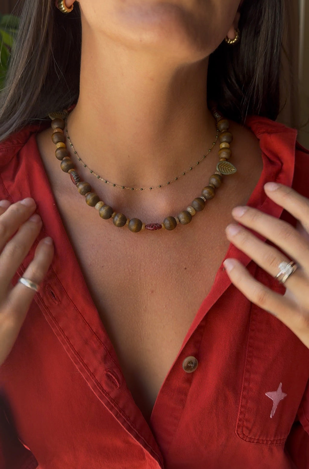 Vintage Wooden Bead Necklace - Red Florals
