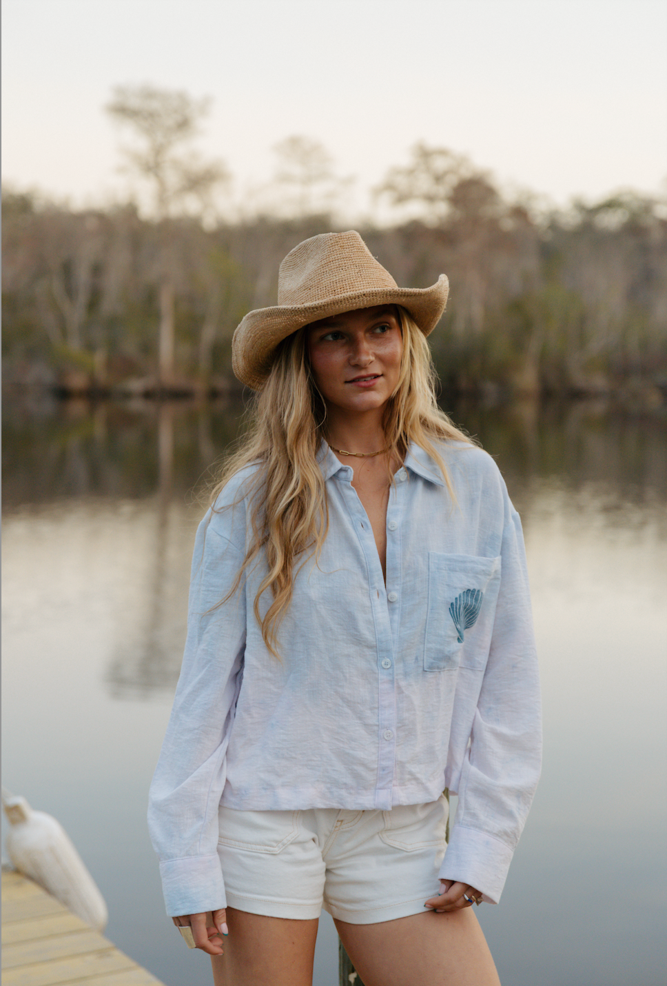 Cropped Sky Button Down