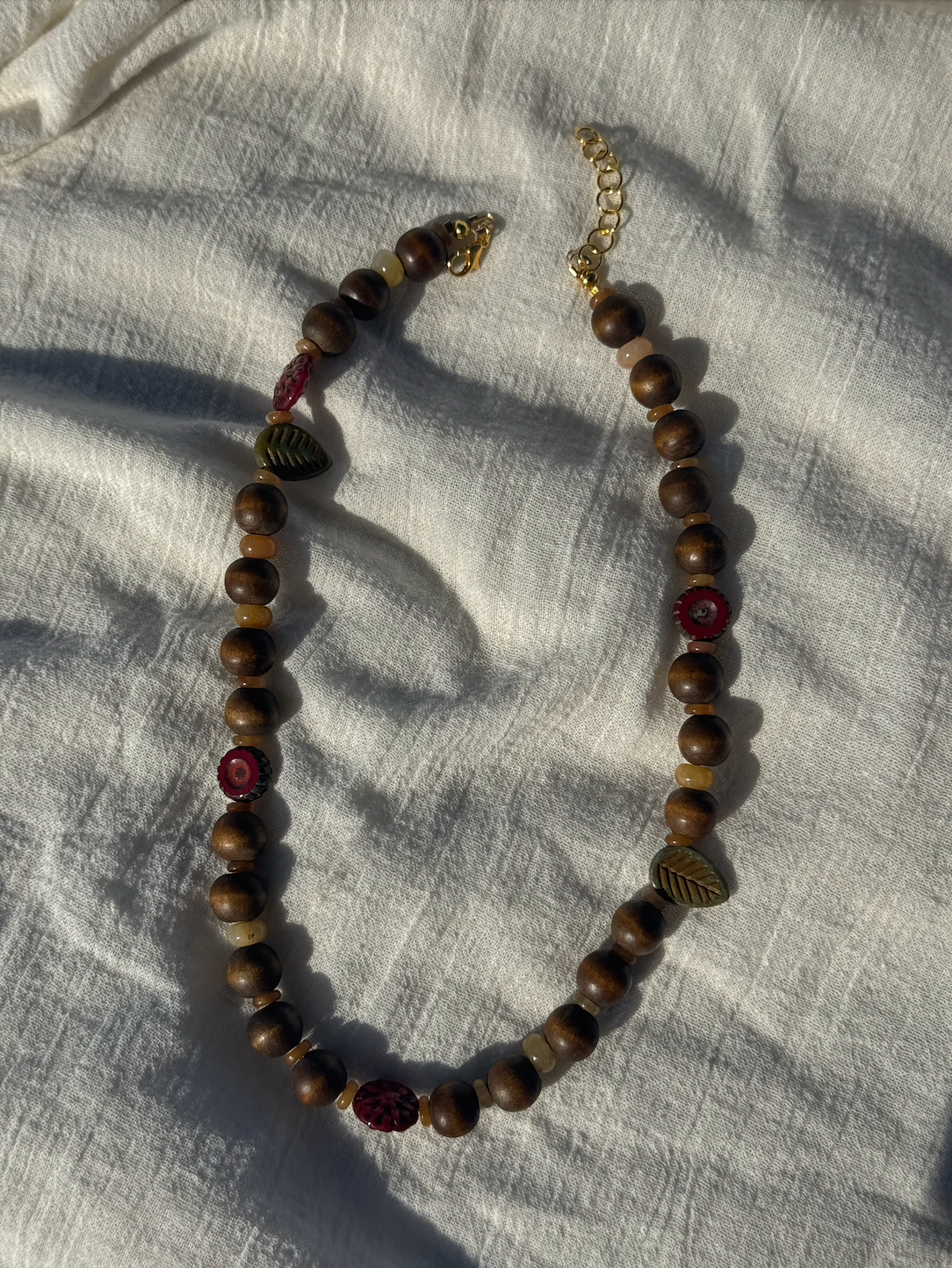Vintage Wooden Bead Necklace - Red Florals