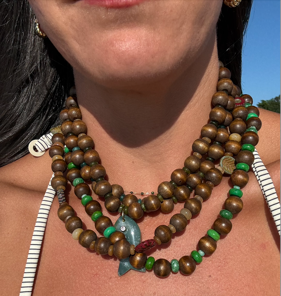 Vintage Wooden Bead Necklace - Green and Turquoise