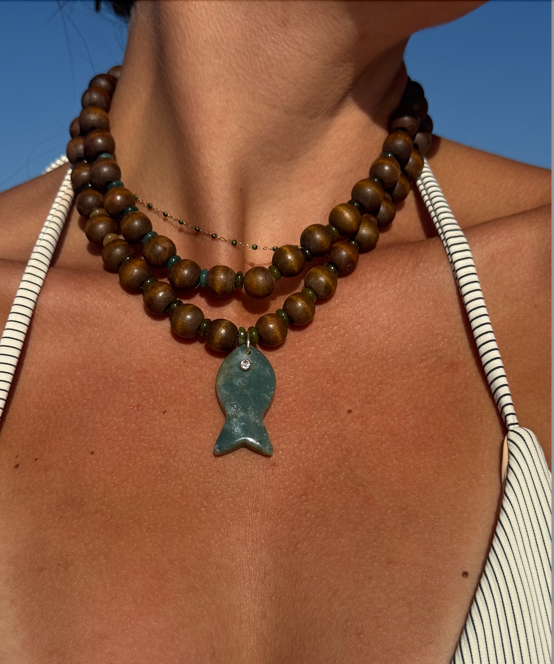 Vintage Wooden Bead Necklace - Jade Ombre